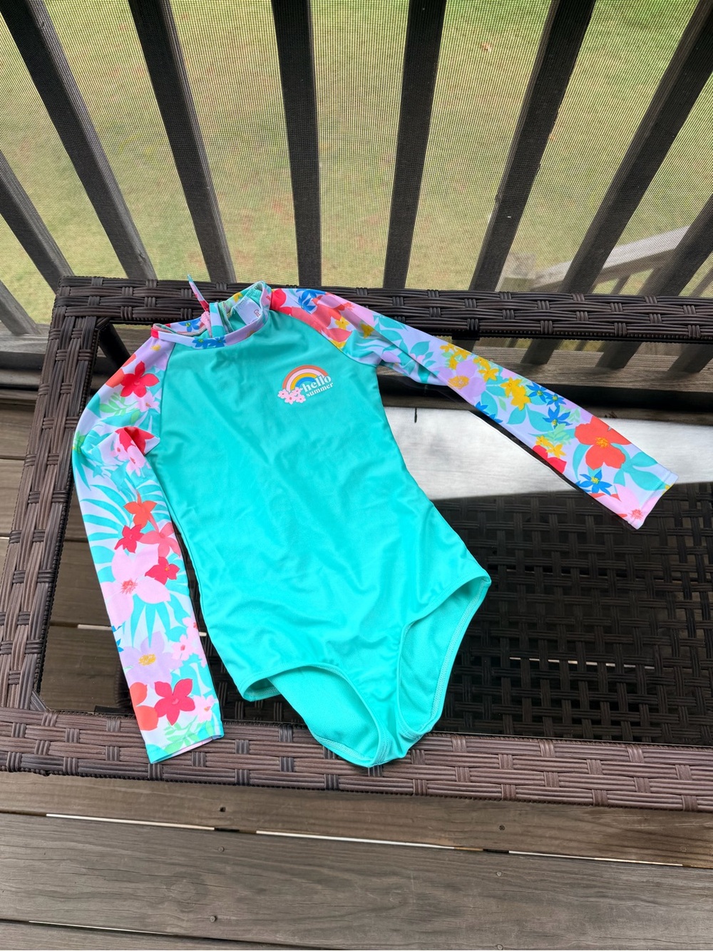 Cat and Jack Girls' Teal Long-Sleeve Floral Rash Guard Swimsuit Size Small